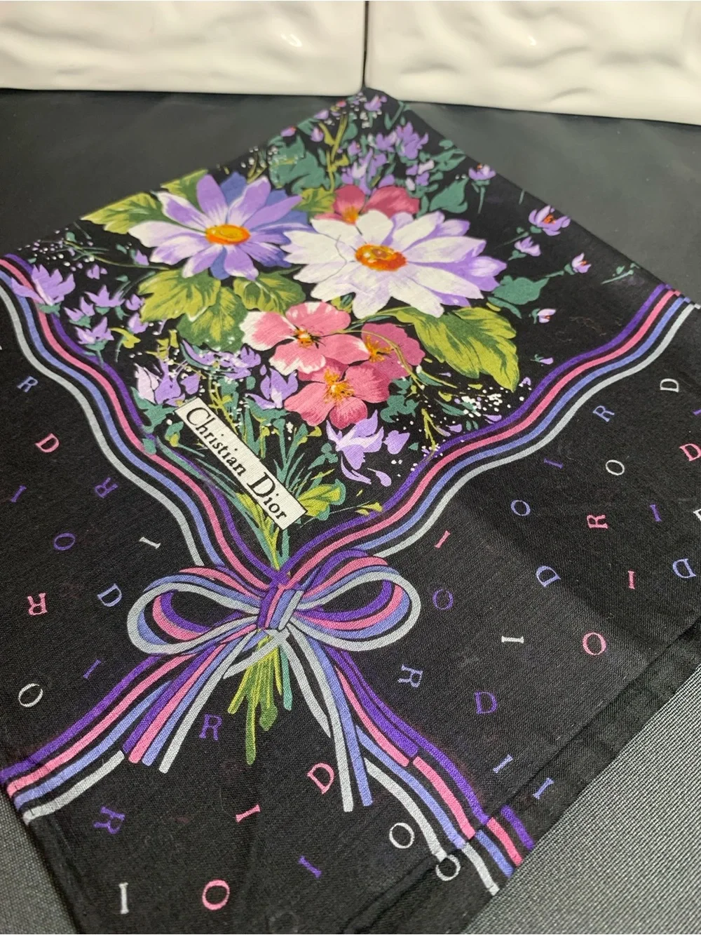 Christian Dior Floral Silk Scarf — Black with Purple & Pink Bouquet